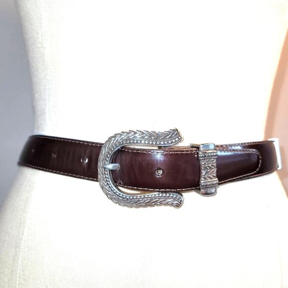 VTG 1996 Brighton Leather Belt Engraved Silver Buckle Size S Brown Boho Festival